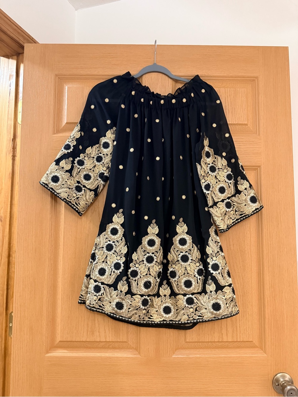 Endless Rose Black Top with Gold Floral Embroidery
